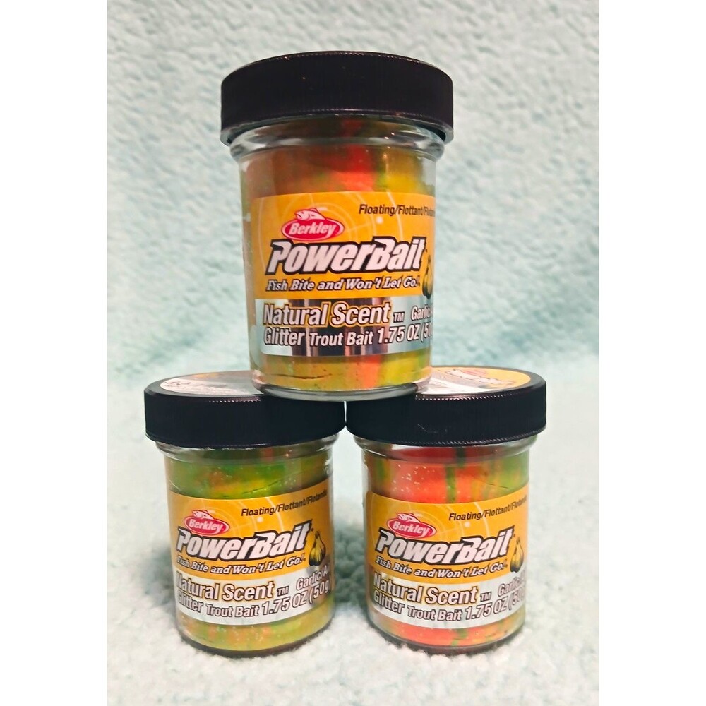 Lot of 3Berkley PowerBait Natural Scent Trout Dough Bait Garlic Glitter Rainbow